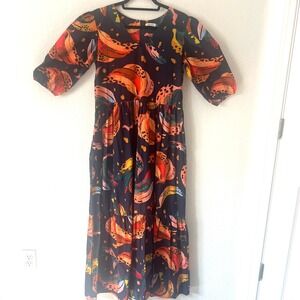 Maude Vivante Sz M Tiered Maxi Dress Banana Print Navy Blue Tropical 100% Cotton